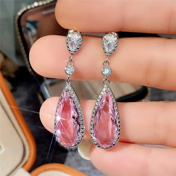 WATER DROP Pink CZ STONE PIERCED Dangle EARRINGS - Picture 1 of 6